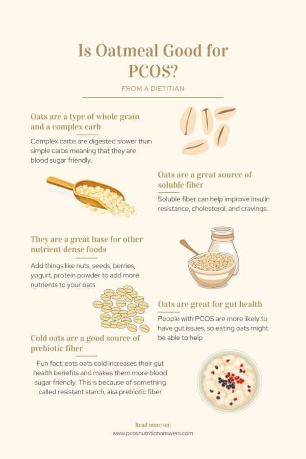Infographic about oatmeal for pcos. List 5 benefits of oatmeal for pcos.